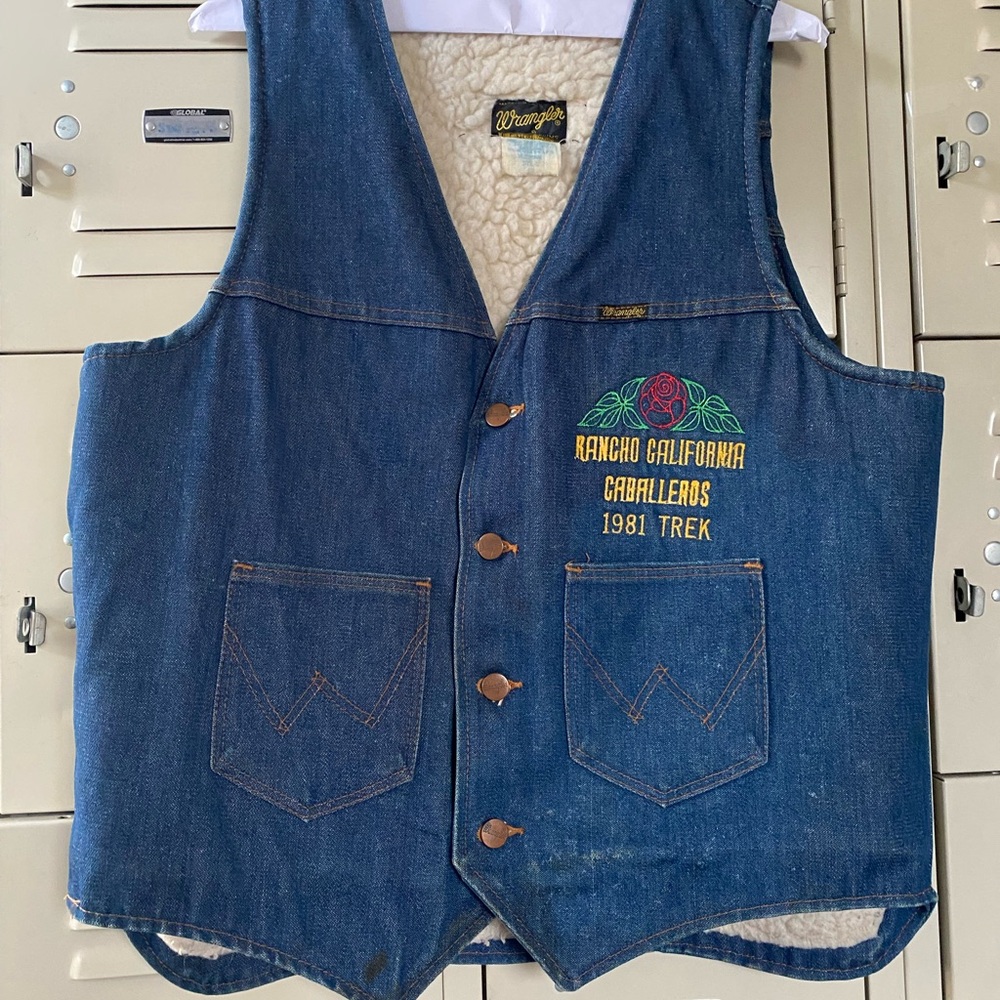 Wrangler Denim Shearling Lined Denim Vest with Colorful Embroidery